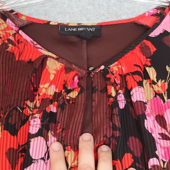 Lane Bryant 22 Accordion Floral Spring Lined Key Hole Blouse Chiffon Red Pink - Picture 4 of 15